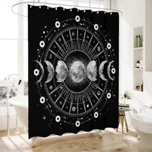 Shower Curtain - Print Polyester Fabric Waterproof Shower Curtain by iLiveX, Machine Washable, Hooks Included, Bathroom Decoration, 72"x72", Black White Sun Moon Stars Mysterious Wizard Tarot