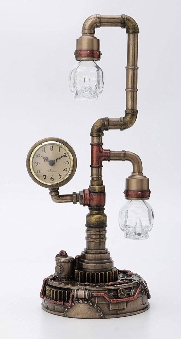Magic  Collection~14.75 Inch Steampunk Pipework Clock Stand Lamp Light Crystal Skull Bulb LED Lighting Antique Bronze Finish Sculpture