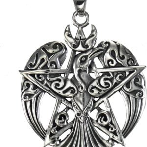 Magicun Altar~Sterling Silver Large Crescent Raven Pentacle Pentagram Pendant; 1.25 Inch Diameter
