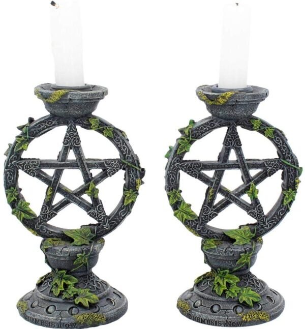 Wiccan Collection~Wiccan Pentagram Candlesticks Set of Two Candle Holder 15cm Black, Resin
