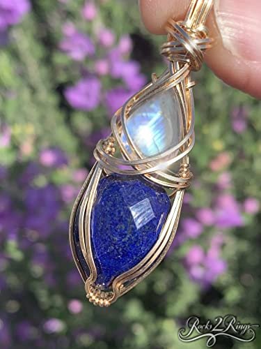 Lapis Lazuli and Moonstone Necklace Pendant | Blue Crystal Necklace | Rainbow Moonstone Jewelry | Charged Moonstone Crystal Necklace for Women | Gift For Her Lapis Egyptian Jewelry LMG2