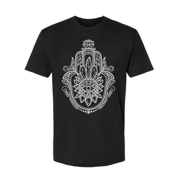 "Unisex Crystal Hamsa T-Shirt - Enhanced with Obsidian, Tiger's Eye, and Amethyst"