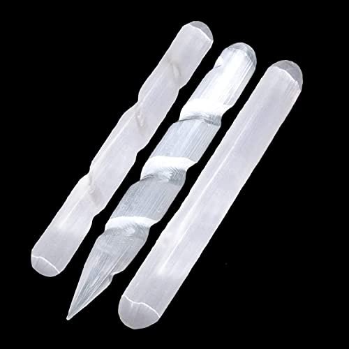 Himalayan Glow 1063 WBM Selenite Healing Crystals, 2 Wands with Single Massage Stick – 3 Count