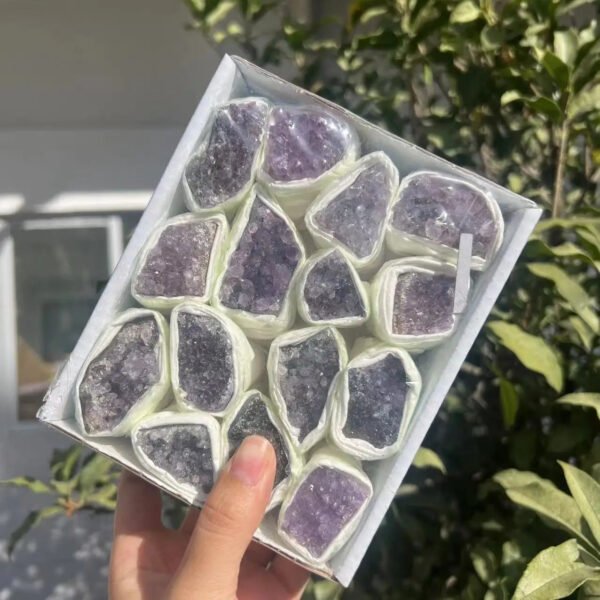 Natural minerals amethyst geodes box crystal cluster