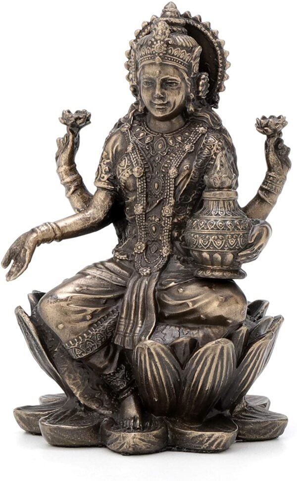 Magic  Collection~3.3" Hindu God Lakshmi Sitting On Lotus Cast Resin Antique Bronze Finish Statue Fortune Sculpture