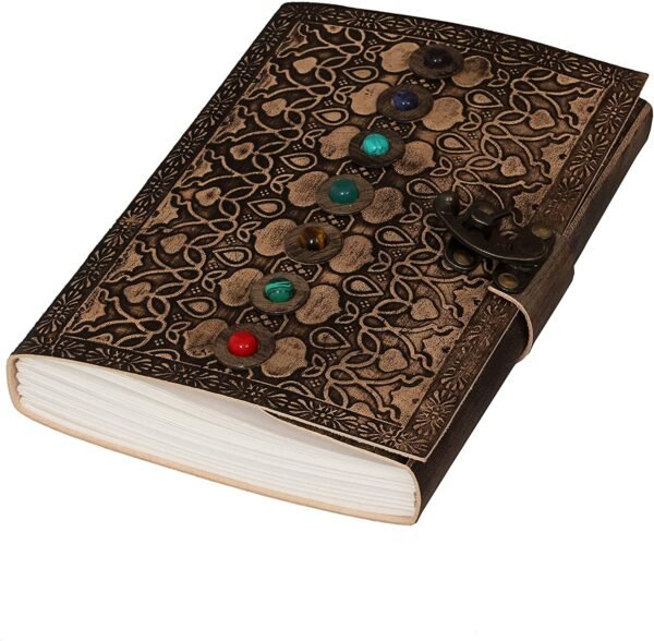 Home Decor~Leather Book of Shadows Journal, Supernatural Notebook with Chakra Gem Stones Healing Crystals and Latch, by AzureGreen (Brown Single Lock)