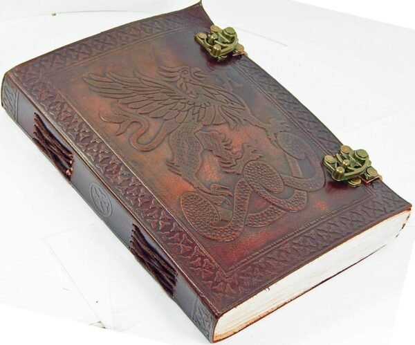 Witchcraft~Handmade Large 8" Embossed Leather Bound Journal Dragon with lock Genuine Brown Antique Old personal Diary notebook journal gift