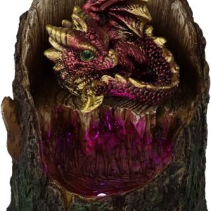 Magicun N.Giftware~Arboreal Hatchling Red Dragon in Tree Trunk Light Up Figurine, 10.8cm, Green