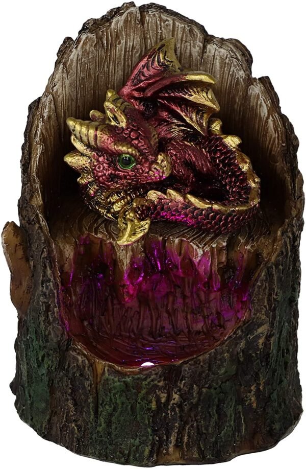 Fantasy Collection~ Arboreal Hatchling Red Dragon in Tree Trunk Light Up Figurine, Green, 10.8cm