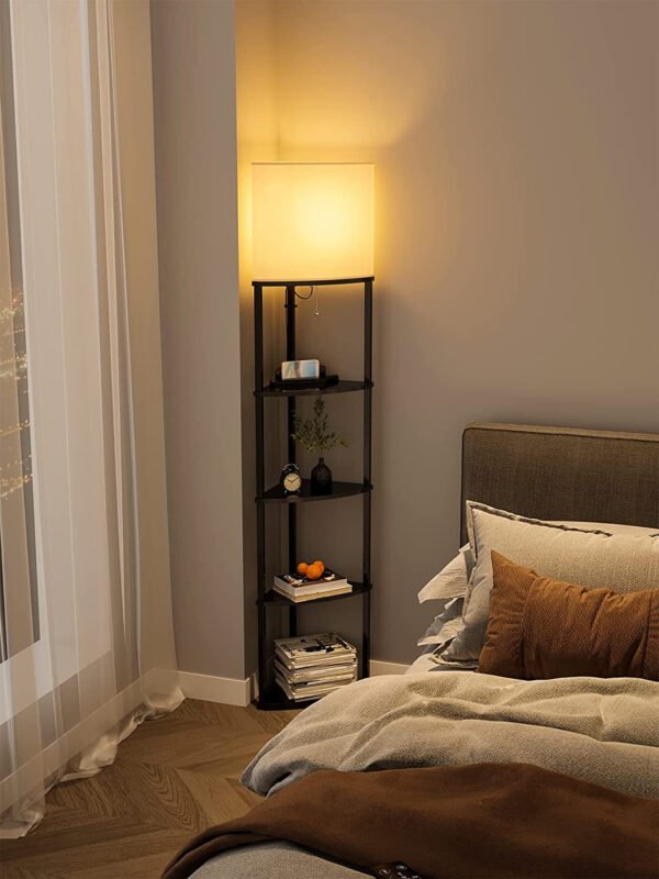 5-Tier Corner Shelf Floor Lamp with Type C, USB Port & 1 Power Outlet and 3CCT LED Bulb, Modern Display Lamp for Narrow Corner Bookshelf Lamp for Living Room, Bedroom, Office - Black