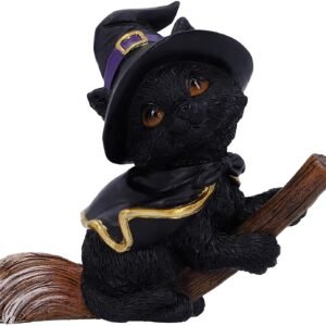 Wiccan Collection~Tabitha Small Witches Familiar Black Cat and Broomstick Figurine, 11cm