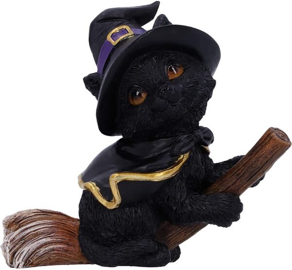 Wiccan Collection~Tabitha Small Witches Familiar Black Cat and Broomstick Figurine, 11cm