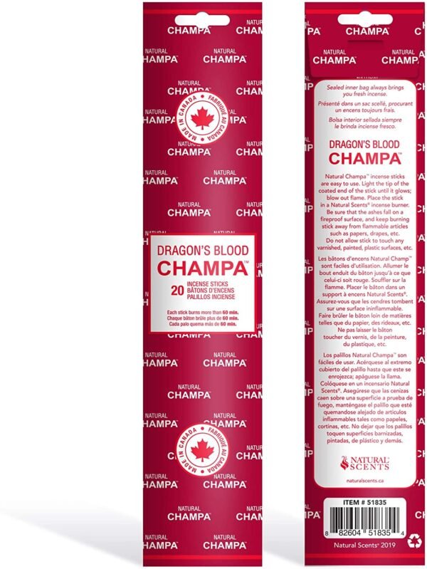 Witchcraft~Dragons Blood Champa 11" Incense Sticks Pack of 20 Each Long Lasting Aroma Stick Lasts 60+ Minutes Pure Ingredients Make These Agarbathi Perfect for Environmental Scenting and Aromatherapy