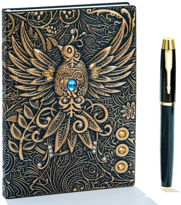 Witchcraft~Embossed Leather Journal Writing Notebook - Antique Handmade Leather Daily Notepad Sketchbook, Travel Diary & Notebooks to Write in, Phoenix Gift For Men & Women, with Golden Classic Pen, (Bronze)