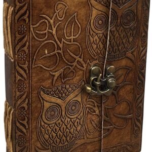 Witchcraft~Vintage Owl Embossed Blank Book Sketchbook Notebook Leather Journal/Instagram Photo Album (Handmade Paper) - Coptic Bound with Lock Closure by Aislinn Leather (Owl Emboss - Tan Color)