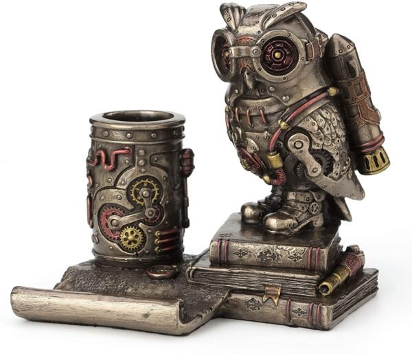Magic  Collection~5 Inch Steampunk Owl Cell Phone Stand Pen Holder Antique Bronze Finish Statue