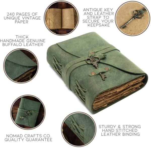 Witchcraft~Vintage Leather Journal - Antique Handmade Deckle Edge Vintage Paper Leather Bound Journal - Book of Shadows Journal - Leather Sketchbook - Drawing Journal - Great Gift (Green, 9"x6")