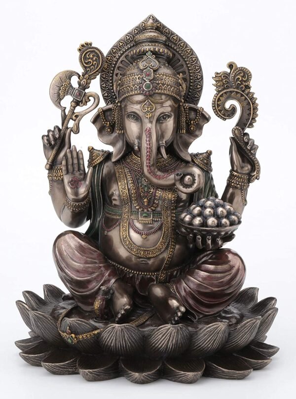 Magic  Collection~10.24 Inch 5 lbs Lord Ganesha Sitting on Lotus Hindu God Antique Bronze Finish Statue