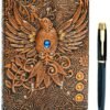 Witchcraft~Embossed Leather Journal Writing Notebook - Antique Handmade Leather Daily Notepad Sketchbook, Travel Diary & Notebooks to Write in, Phoenix Gift For Men & Women, with Golden Classic Pen, (Bronze)