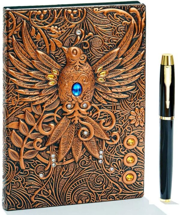 Witchcraft~Embossed Leather Journal Writing Notebook - Antique Handmade Leather Daily Notepad Sketchbook, Travel Diary & Notebooks to Write in, Phoenix Gift For Men & Women, with Golden Classic Pen, (Bronze)