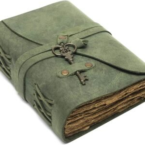 Witchcraft~Vintage Leather Journal - Antique Handmade Deckle Edge Vintage Paper Leather Bound Journal - Book of Shadows Journal - Leather Sketchbook - Drawing Journal - Great Gift (Green, 9"x6")