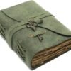 Witchcraft~Vintage Leather Journal - Antique Handmade Deckle Edge Vintage Paper Leather Bound Journal - Book of Shadows Journal - Leather Sketchbook - Drawing Journal - Great Gift (Green, 11.5"x8.25")