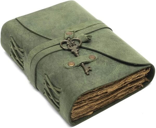 Witchcraft~Vintage Leather Journal - Antique Handmade Deckle Edge Vintage Paper Leather Bound Journal - Book of Shadows Journal - Leather Sketchbook - Drawing Journal - Great Gift (Green, 11.5"x8.25")