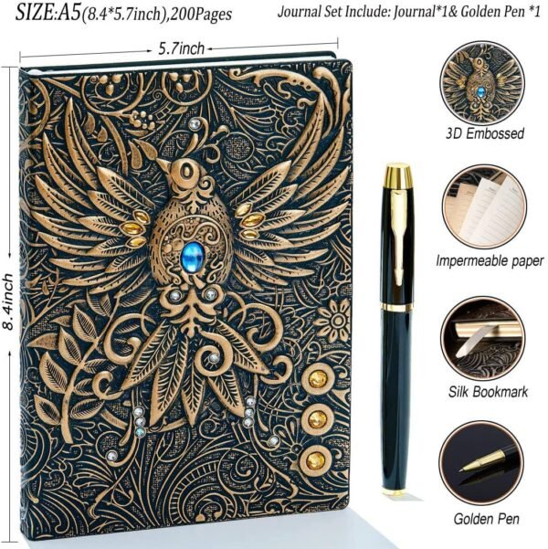 Witchcraft~Embossed Leather Journal Writing Notebook - Antique Handmade Leather Daily Notepad Sketchbook, Travel Diary & Notebooks to Write in, Phoenix Gift For Men & Women, with Golden Classic Pen, (Bronze)