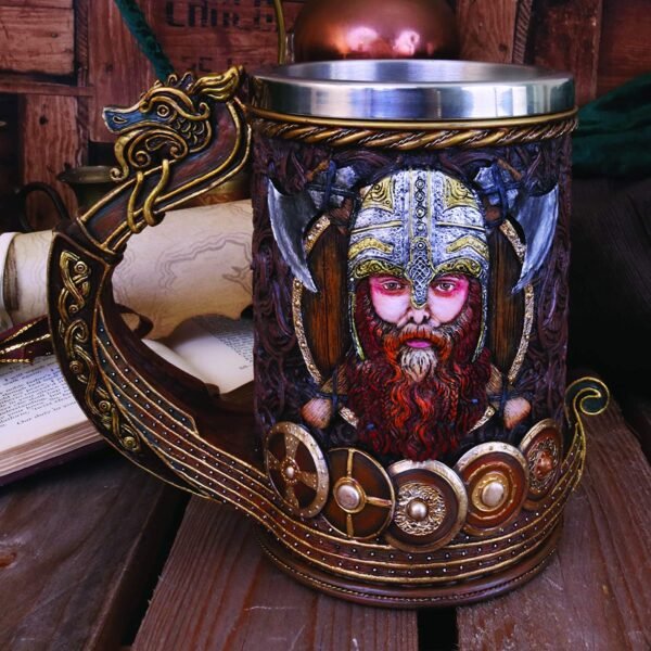 Mythology Collection~ Drakkar Viking Dragon Boat Tankard 15cm, Resin w. Stainless Steel, Painted, One Size
