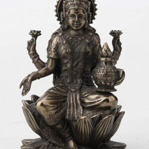 Magic  Collection~3.3" Hindu God Lakshmi Sitting On Lotus Cast Resin Antique Bronze Finish Statue Fortune Sculpture