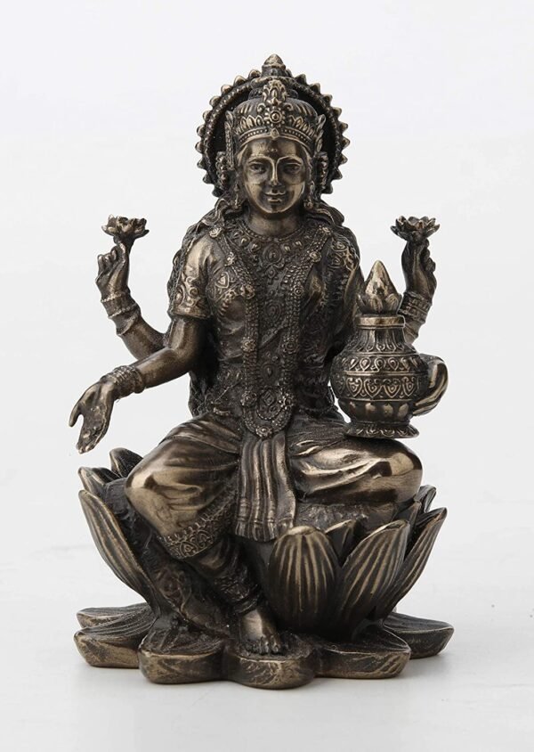 Magic  Collection~3.3" Hindu God Lakshmi Sitting On Lotus Cast Resin Antique Bronze Finish Statue Fortune Sculpture