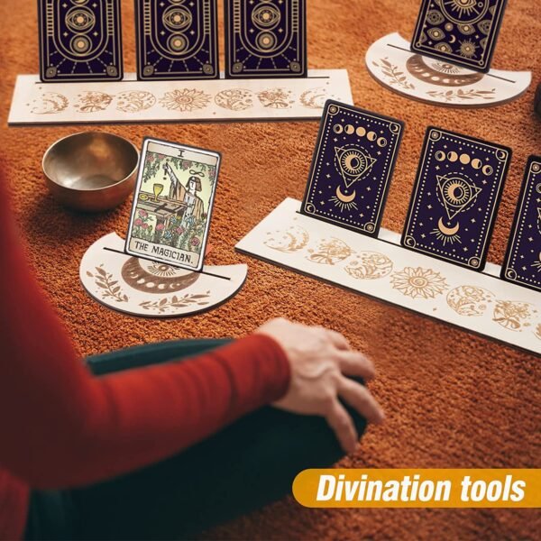 4 Pcs Wooden Tarot Card Holders in 2 Styles- 5” Moon Shape Wooden Tarot Card Stand +10” Rectangle Tarot Card Altar Stand Wooden Card Stand for Tarot Altar Divination (Moon Phase & Herbal Series)