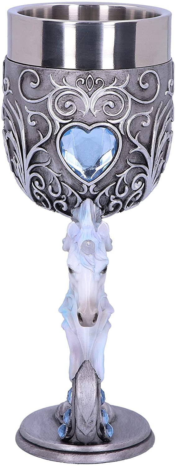 Magicun N.Giftware~Enchanted Twin Unicorn Heart Set of Two Goblets, 18.5cm, Silver