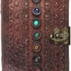 Home Decor~Leather Book of Shadows Journal, Supernatural Notebook with Chakra Gem Stones Healing Crystals and Latch, by AzureGreen (Brown Single Lock)