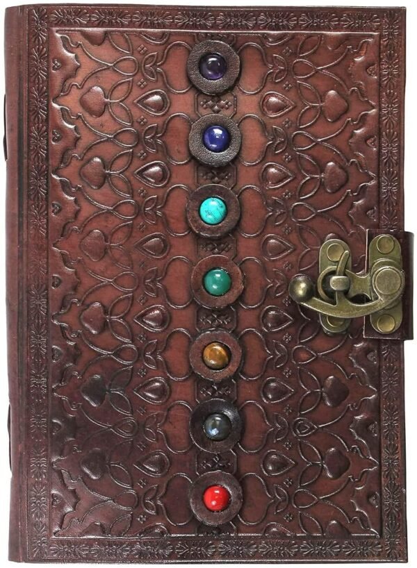Home Decor~Leather Book of Shadows Journal, Supernatural Notebook with Chakra Gem Stones Healing Crystals and Latch, by AzureGreen (Brown Single Lock)