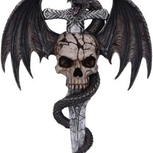 Artist Collections~ Spiral Draco Skull Dragon and Dagger Wall Plaque, Silver, 36.5cm