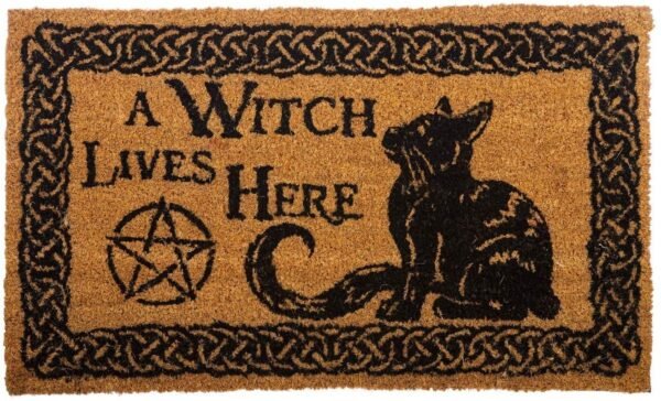 Wiccan Collection~Witch Lives Here Doormat 45cm Brown, PVC Backed Brush Coco, 45 x 75cm