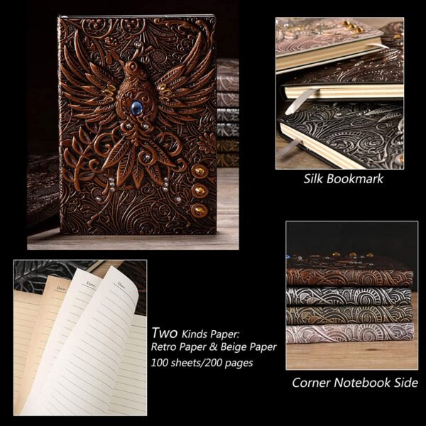 Witchcraft~3D Phoenix Vintage Leather Journal Writing Notebook with Pen Set,Antique Handmade Leather Daily Notepad Sketchbook,Travel Diary&Notebooks to Write in,Gift for Men Women