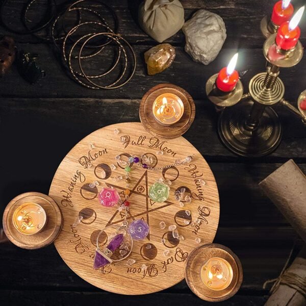 Home Decor~Further Wooden Candle Holder, Unique Pentagram Tea Light Candle Holder,Tarot Candle Candlestick Bracket Decor, Pentagram Hand Carved Wooden With 3 Candle-Tealight Holder