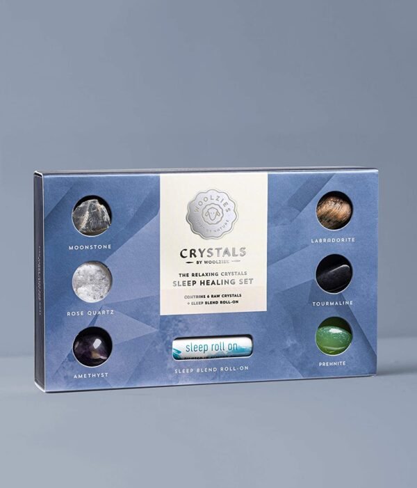 Home Decor~Crystals by Woolzies | The Relaxing Crystals Sleep Healing Set | 6 Raw Crystals + Sleep Blend Roll-on Incl. Moonstone, Rose Quartz, Amethyst, Labradorite, Tourmaline & Prehnite Crystals