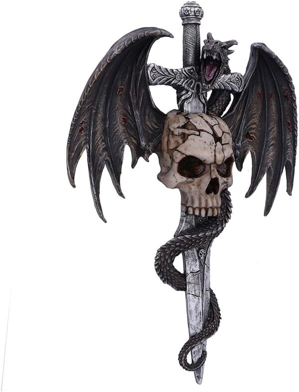Artist Collections~ Spiral Draco Skull Dragon and Dagger Wall Plaque, Silver, 36.5cm