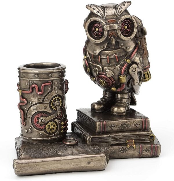 Magic  Collection~5 Inch Steampunk Owl Cell Phone Stand Pen Holder Antique Bronze Finish Statue