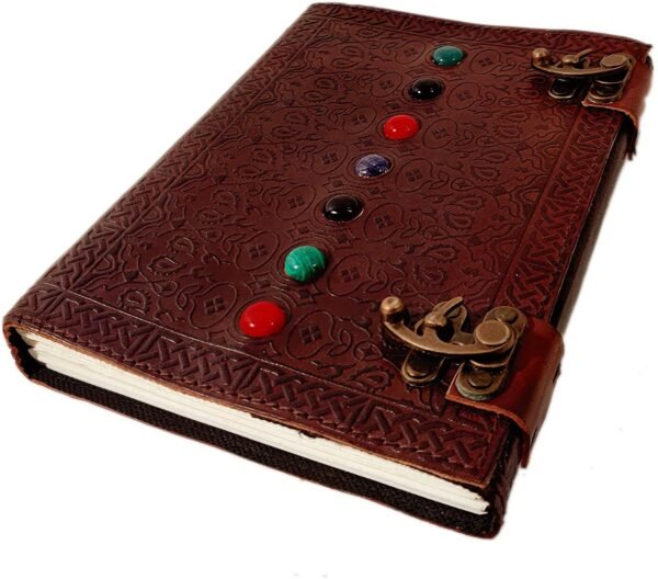 Home Decor~Leather Book of Shadows Journal, Supernatural Notebook with Chakra Gem Stones Healing Crystals and Latch, by AzureGreen (Brown Single Lock)