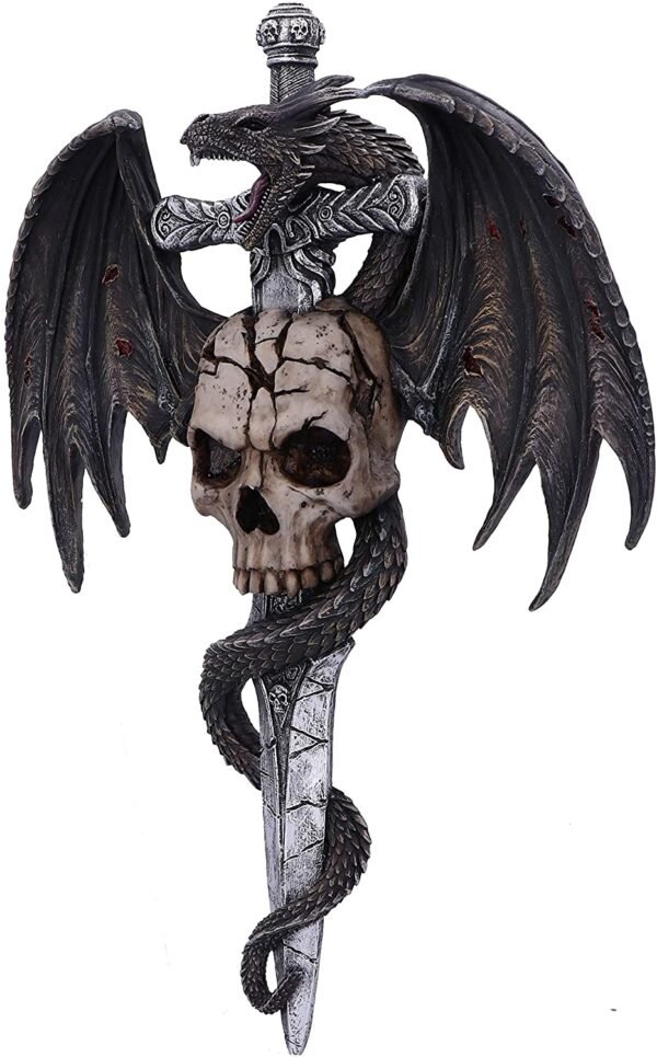 Artist Collections~ Spiral Draco Skull Dragon and Dagger Wall Plaque, Silver, 36.5cm
