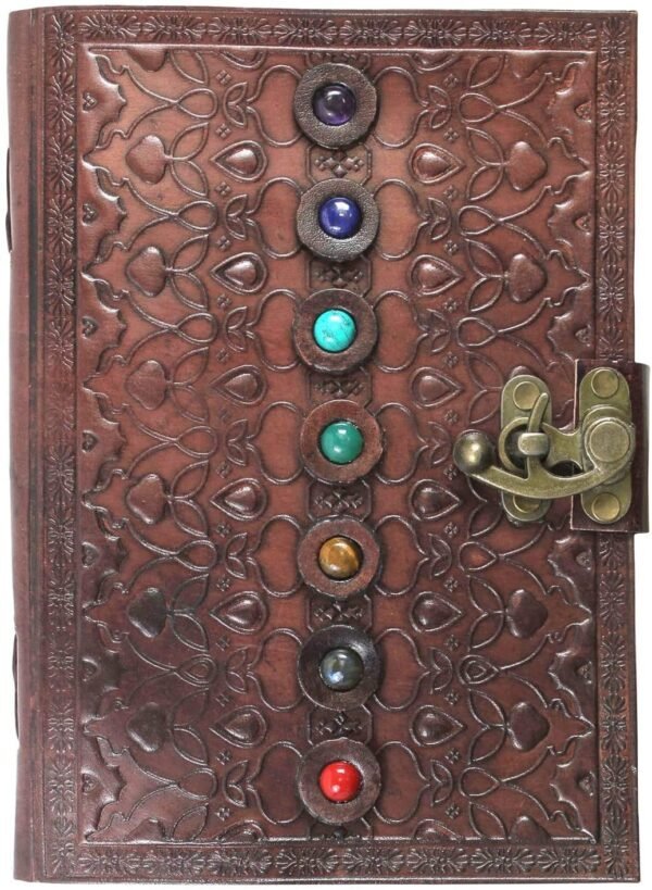 Witchcraft~Leather Book of Shadows Journal, Supernatural Notebook with Chakra Gem Stones Healing Crystals and Latch, by  (Brown Single Lock)