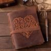 Witchcraft~Large Leather Journal for Women - Vintage Leather Bound Journal - Antique Paper - Beautiful Embossed Heart Leather Sketchbook- For Sketching and Writing 240 Pages (11.5" x 8.25" (A4), Red Brown)