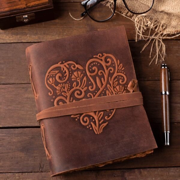 Witchcraft~Large Leather Journal for Women - Vintage Leather Bound Journal - Antique Paper - Beautiful Embossed Heart Leather Sketchbook- For Sketching and Writing 240 Pages (11.5" x 8.25" (A4), Red Brown)