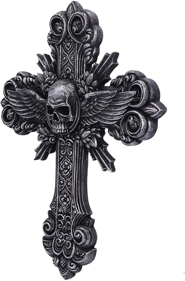Artist Collections~ Spiral Dead Mans Hand Cross Skull and Wings Wall Plaque, Silver, 32.5cm