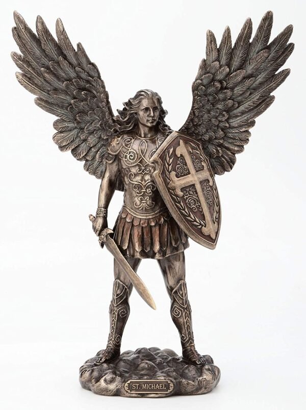 Magic  Collection~11 Inch Saint Michael Archangel with Battle Shield and Sword Cold Cast Resin Material Antique Bronze Finish Angel Statue