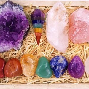 Healing Crystals Kit in Wooden Box - 7 Chakra Set Tumbled Stones, Rose Quartz, Amethyst Cluster, Crystal Points, Chakra Pendulum